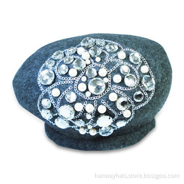 Women's Wool Knitted Beret Hat with Chain Flower, Fashionable for Winter